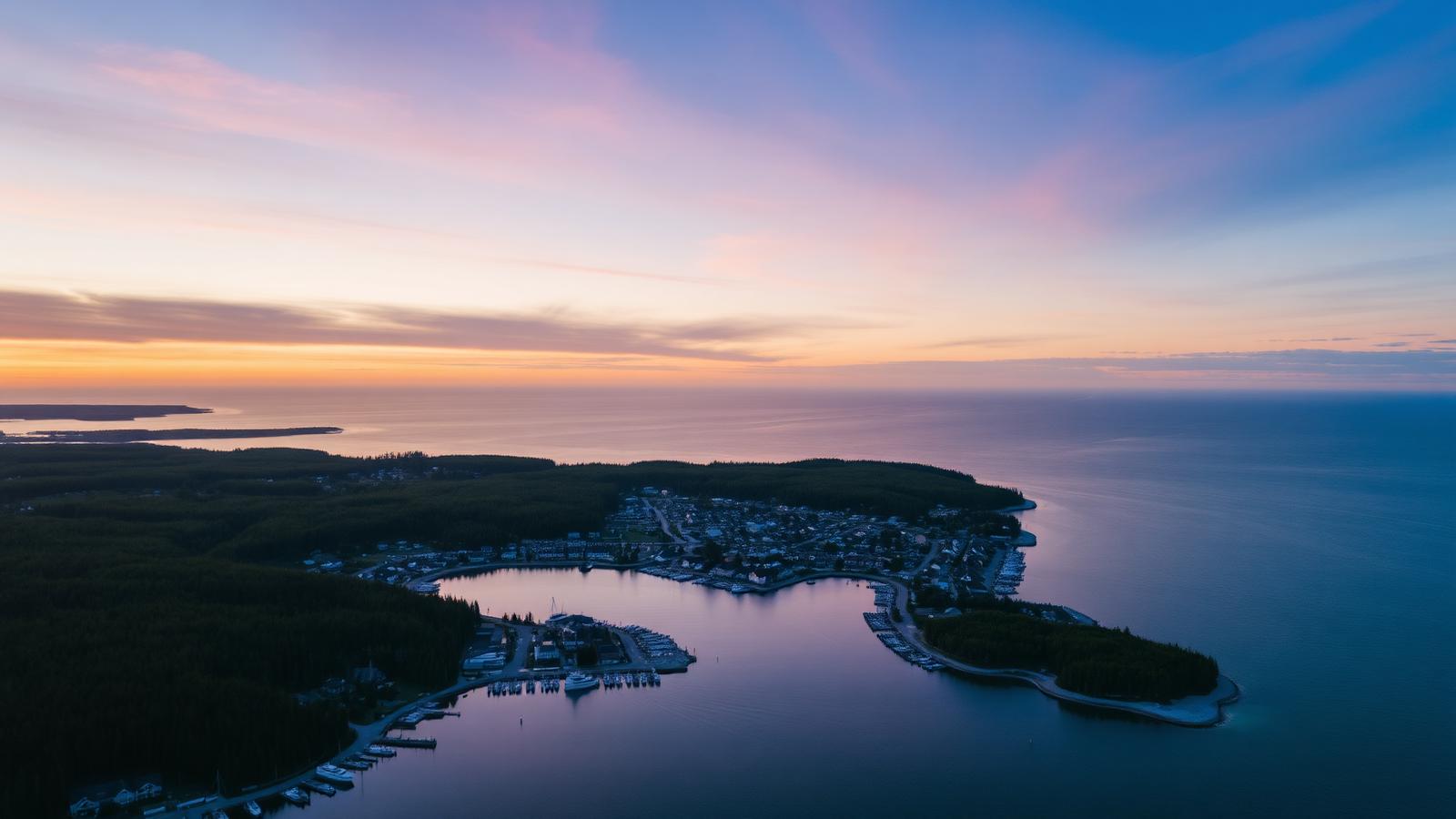 Aerial view of a Chaleur Bay community at sunset